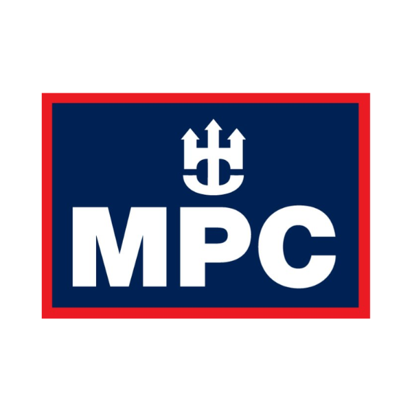 Rectangular blue logo with a white trident and "MPC" text, framed by a red border.
