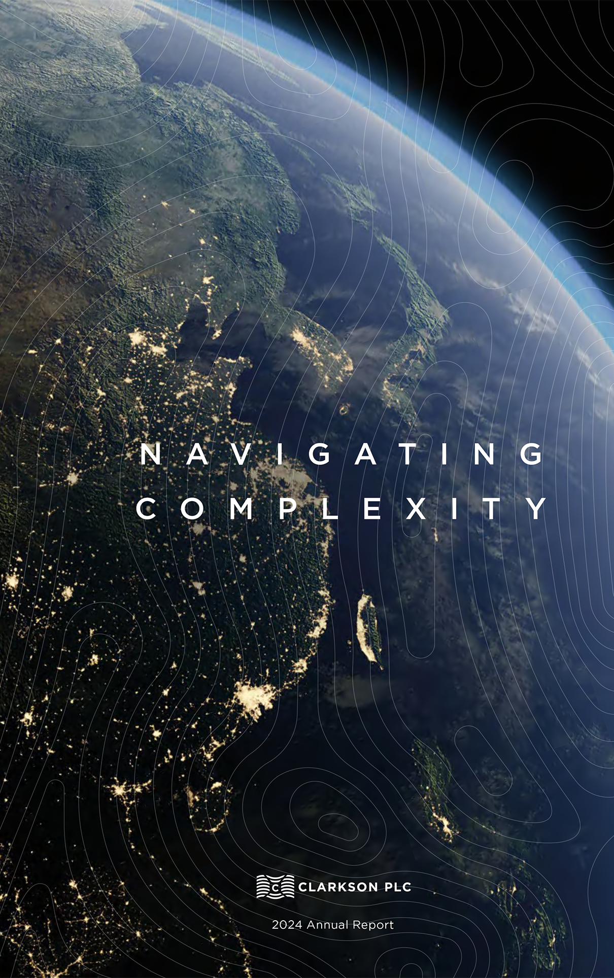  Earth from space at night with city lights and "NAVIGATING COMPLEXITY" text. 
