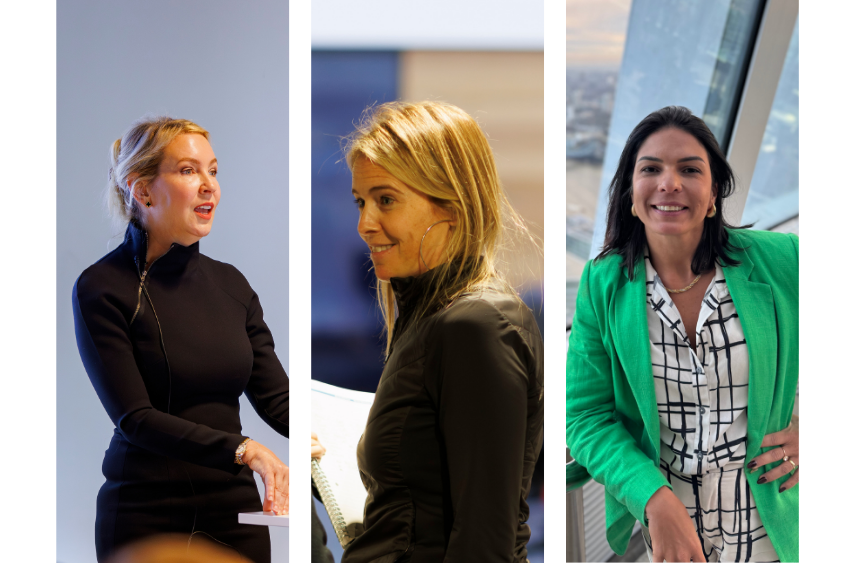Three portraits of women; one speaking, one smiling, all with different attire and backgrounds.