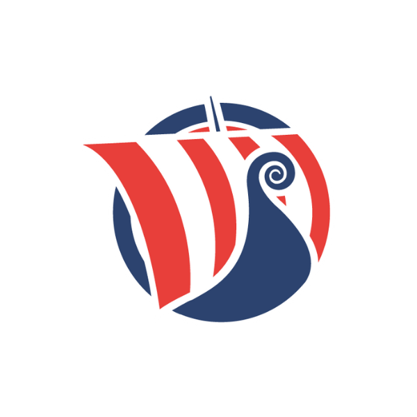 Viking ship silhouette with red and blue accents.