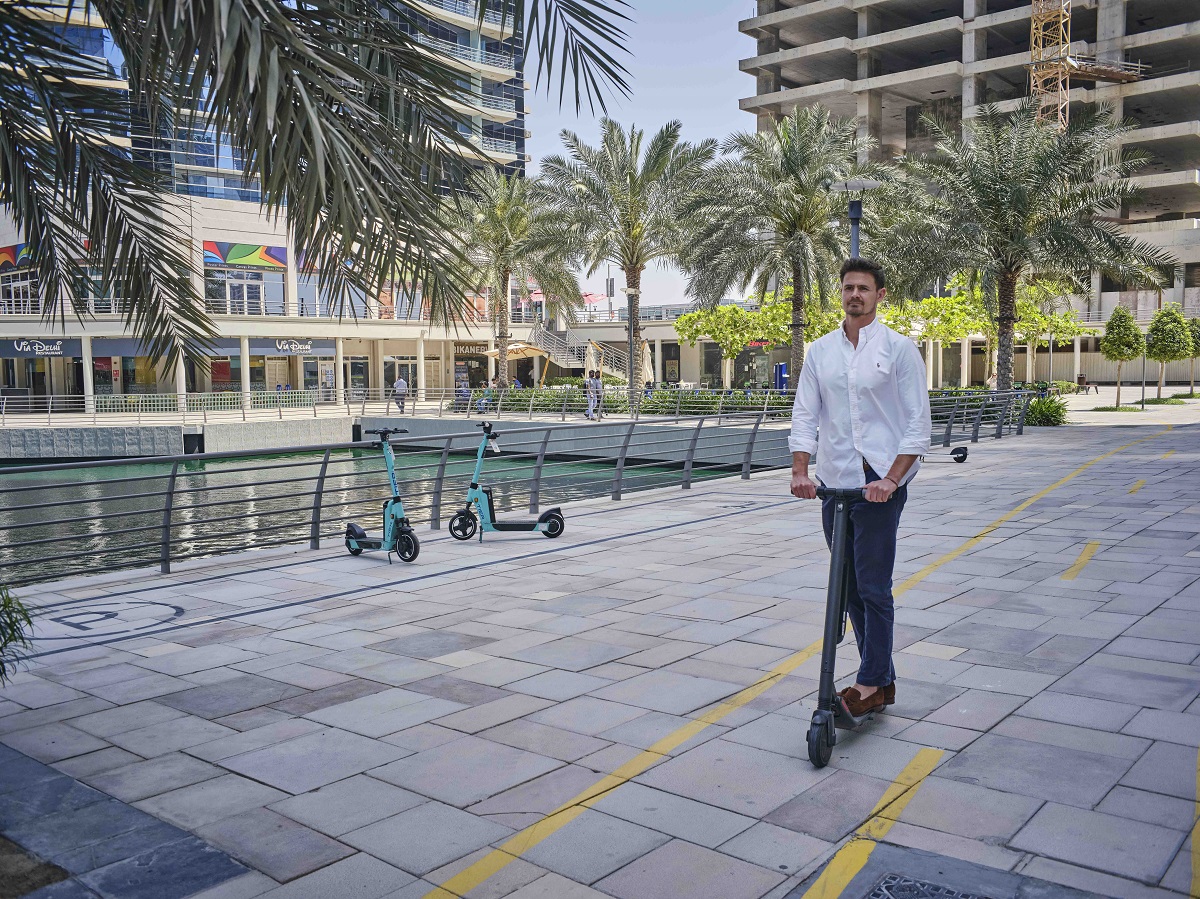 Person riding a scooter by a palm-lined walkway.