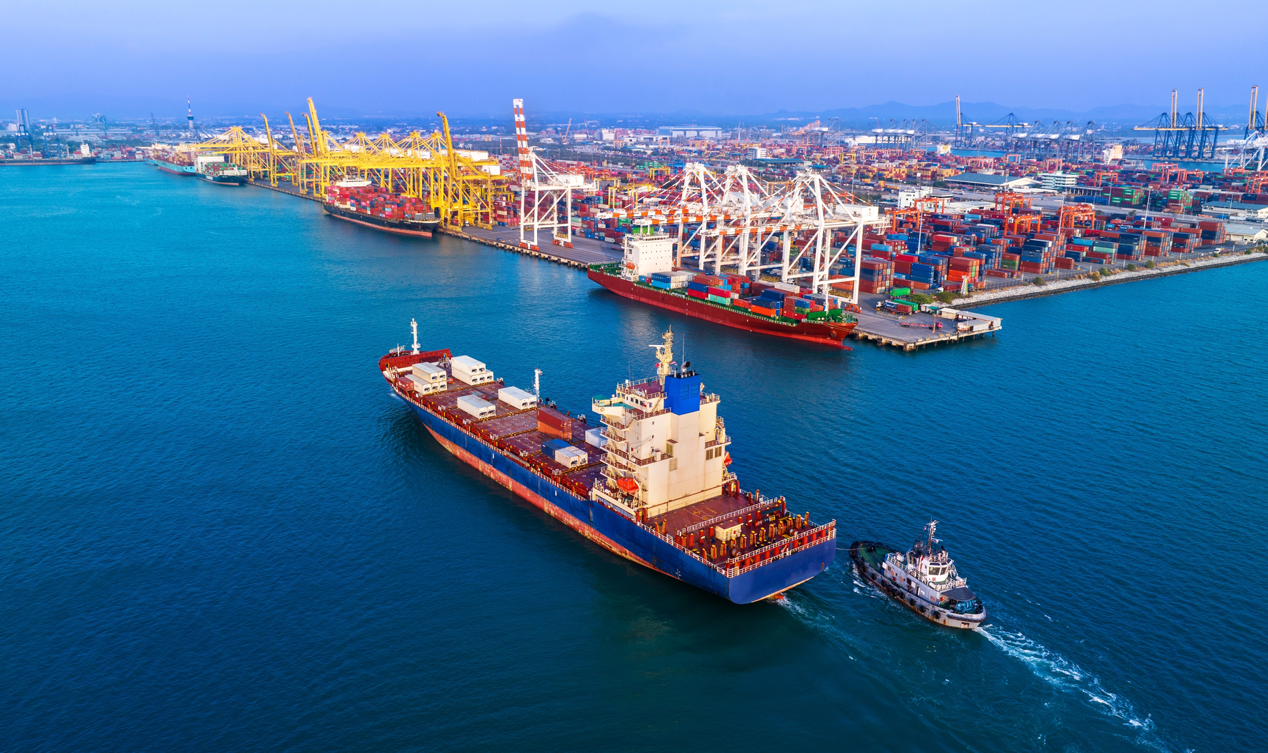 Cargo ships berthed alongside an industrial export terminal
