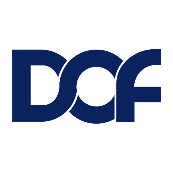 Blue logo with bold, overlapping letters "DOF" on a black background.